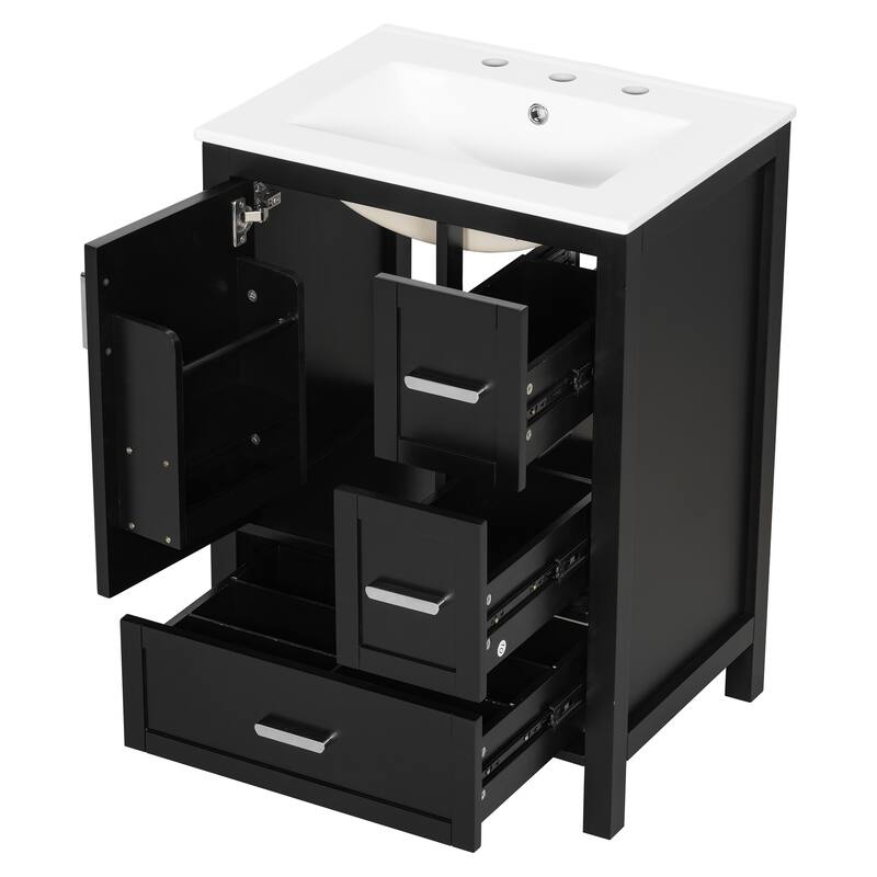 Modern 24" Bathroom Vanity with Ceramic Sink - Soft-Close Door with Double Shelf, 3 Drawers,for Small Spaces