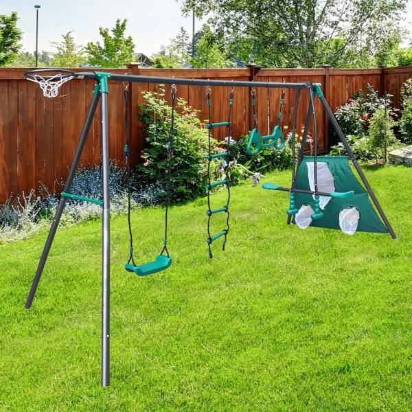 4 in 1 Outdoor Playground Large Children Metal Swing Set for Age 3 Up ...