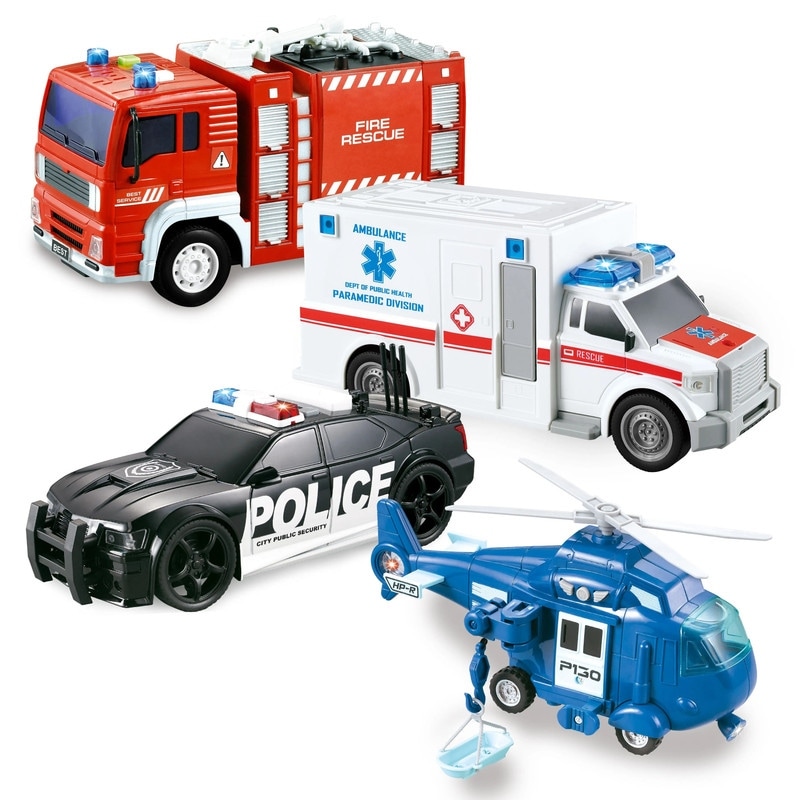 4 Packs Emergency Vehicle Toy Playsets with Light and Sound - Multicolor