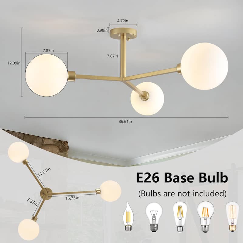 3-Light Semi Flush Mount Ceiling Light with Frosted Glass Shade