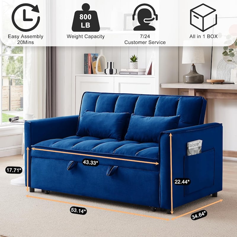 3 in 1 Convertible Sleeper Sofa Bed, Futon Couches for Living Room with Side Pocket, Adjustable Backrest