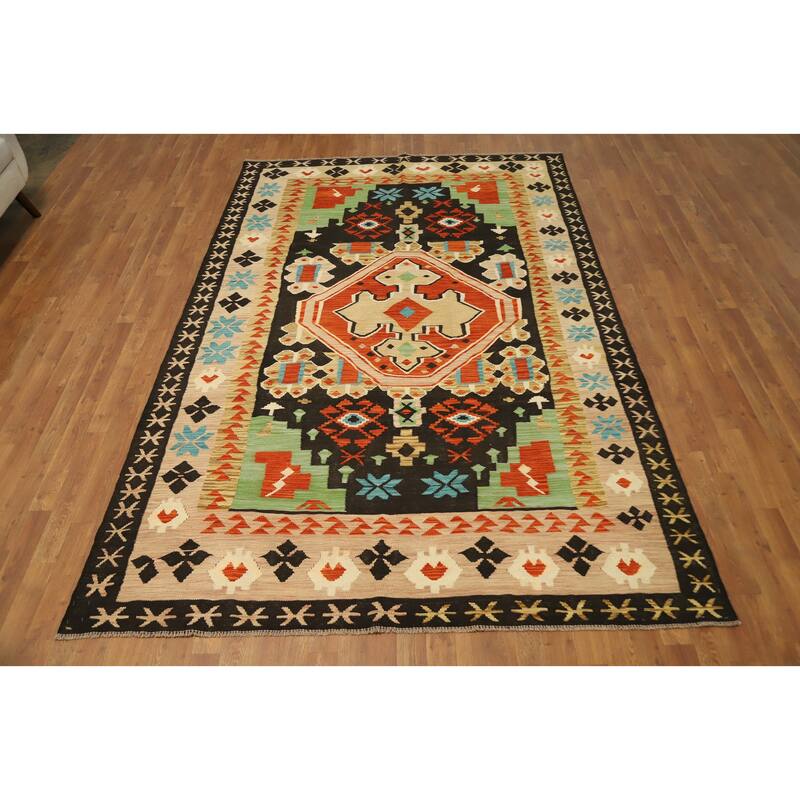 Hand Woven Oriental 100% Wool Carpet Southwestern Tribal Black Kilim Area Rug - 9' 8'' X 6' 4''
