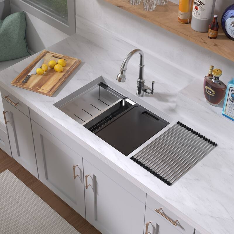 Whitehaus Undermount Single Bowl 16 Gauge Brushed Stainless Steel Workstation Sink With Accessories