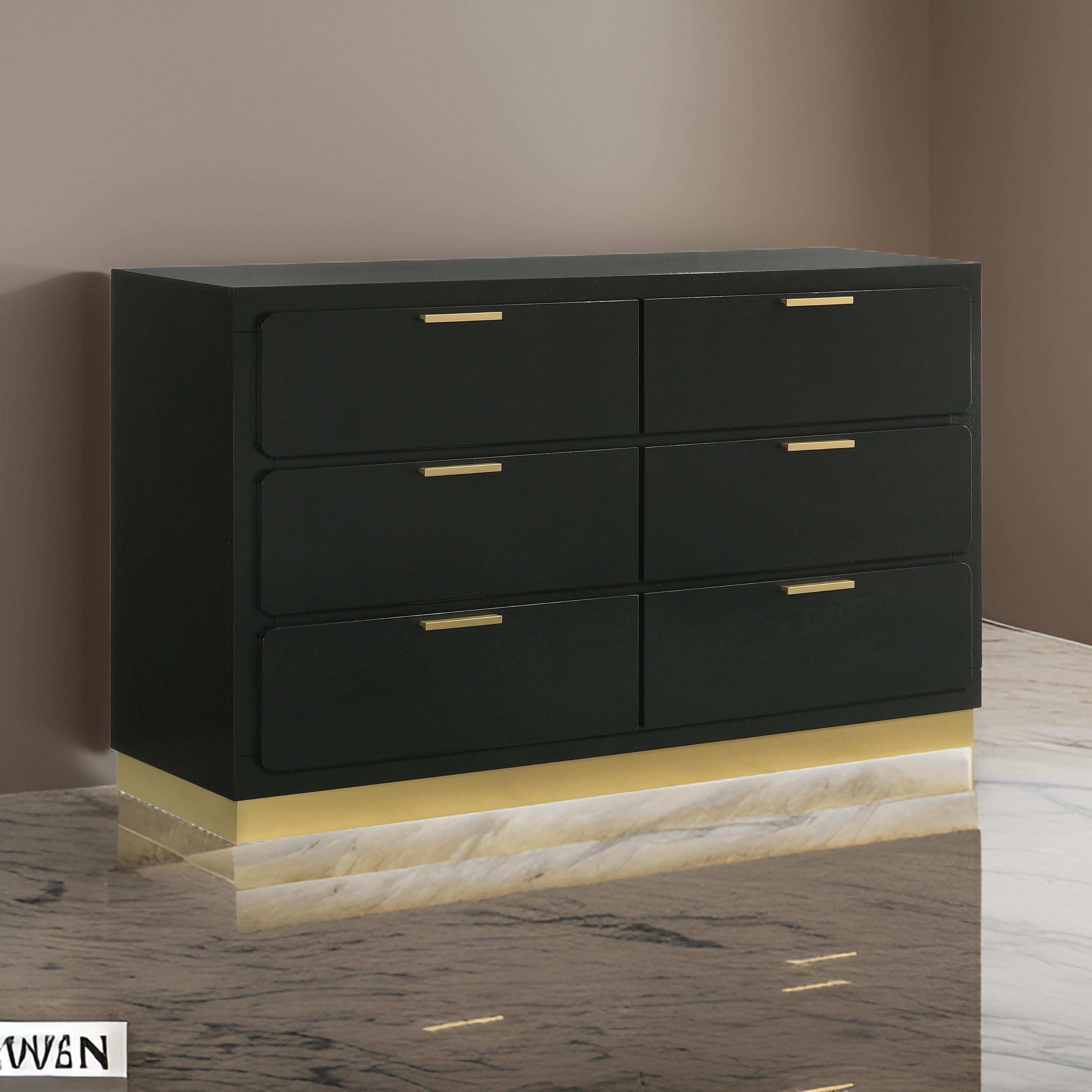 Caer Dresser, 6 Drawers, Gold Accent Recessed Base, Bar Handles, Black