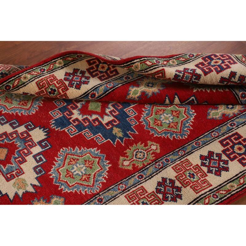 Geometric Kazak Oriental Accent Rug Handmade Red Wool Carpet - 3'3"x 5'0"