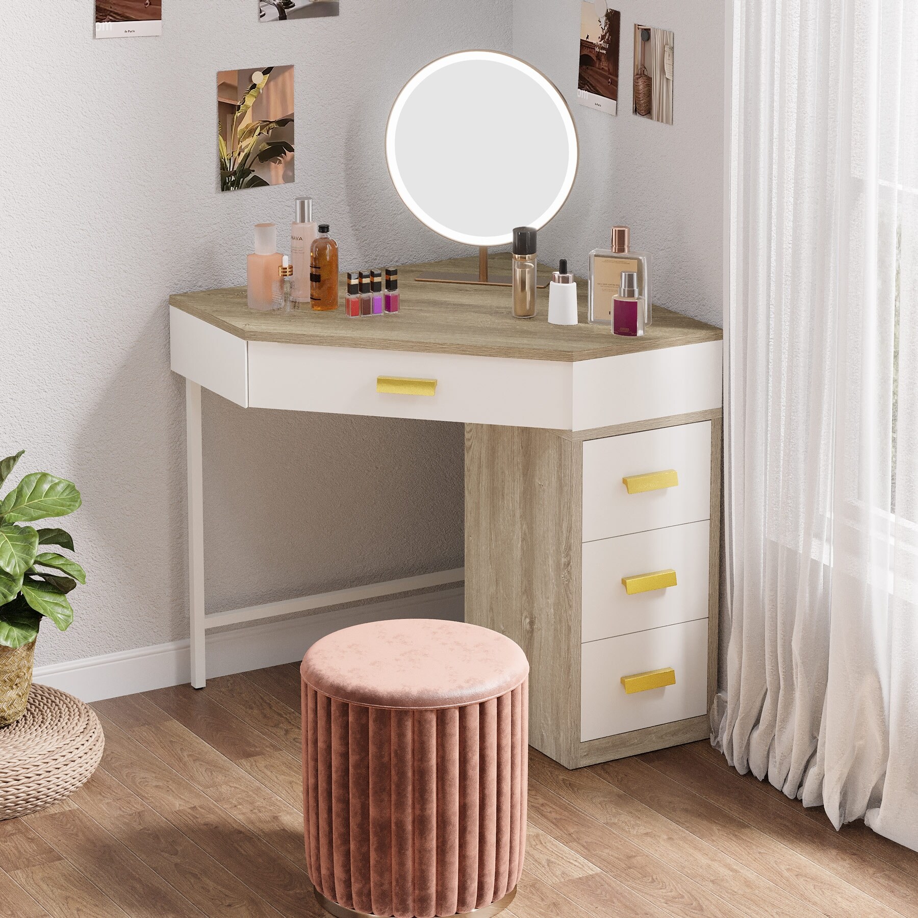 Wood & Metal Corner Vanity Desk with 4 Drawers