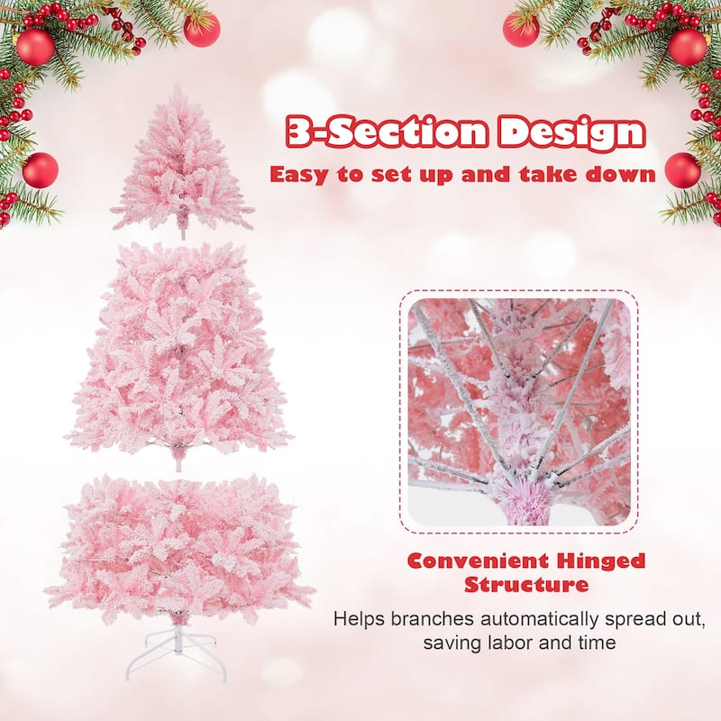 Gymax 7 FT Pre-Lit Artificial Christmas Tree Lighted Pink Snow Flocked