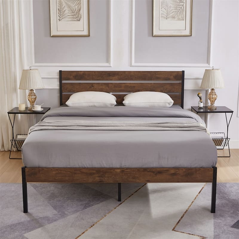Wood Platform Bed Frame with Headboard and Metal Frame - Queen