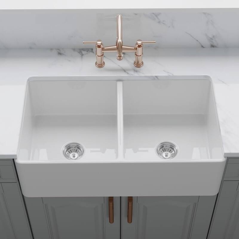 33x18 Crestwood Farmhouse Sink, White Fireclay, Double Bowl Apron Front