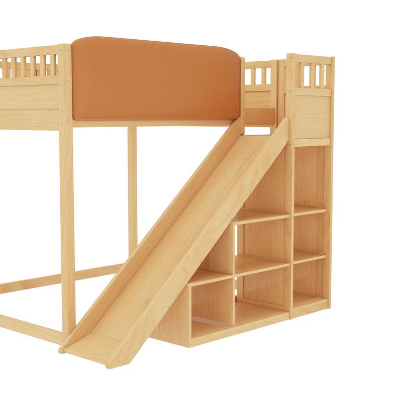 Queen Size Loft Bed with Upholstered Headboard and Storage Shelves, Complete with Ladder and Slide