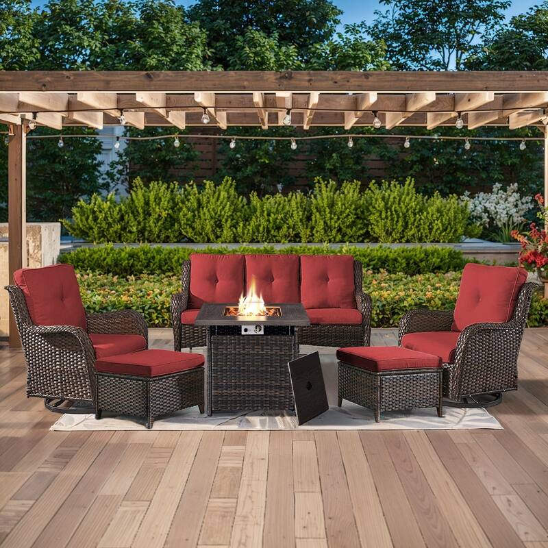 Gymojoy 6-Piece Outdoor Wicker Patio Furniture with Fire Pit Table, Rattan Coversation Set with Water Resistant Thick Cushions - Brown Wicker / Red Cusion - 6-Piece