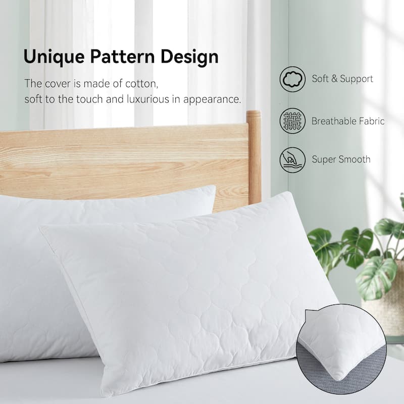 2 Pack Goose Feather Down Pillows with Quilted Cotton Cover - White