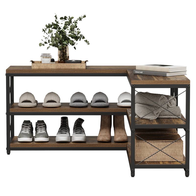 L-Shaped Shoe Rack Bench, 3-Tier Entryway Corner Bench with Shoe Storage