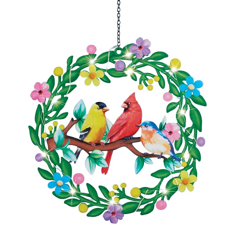 Solar Powered Birds in Wreath Hanging Garden Mobile - 12 x 26 x 3