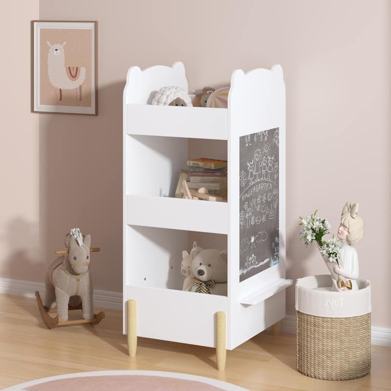 Kids Bookshelf Chalkboard Side Bear Shaped Wooden Bookcase 3 Tier Storage Drawing Board Toy Book Organizer Playroom Bedroom