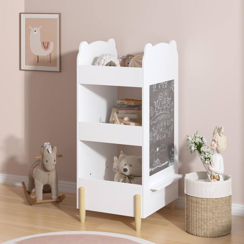 Kids Bookshelf with Chalkboard Side - Bear-Shaped Wooden Bookcase with 3-Tier Storage,Drawing Board