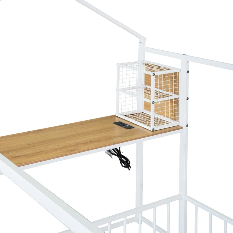 Full Size Metal Bed House Bed Frame with Desk