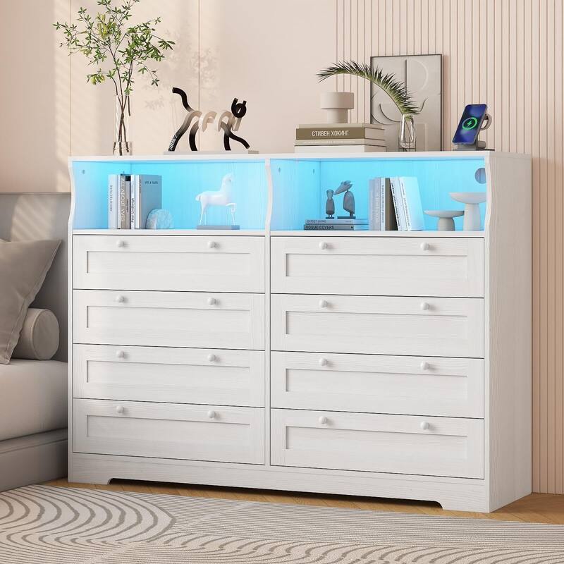 8 Drawers Wooden Dressers for Bedroom Living Room, Hallway, Wood Dressers with Led Lights and Charging Station