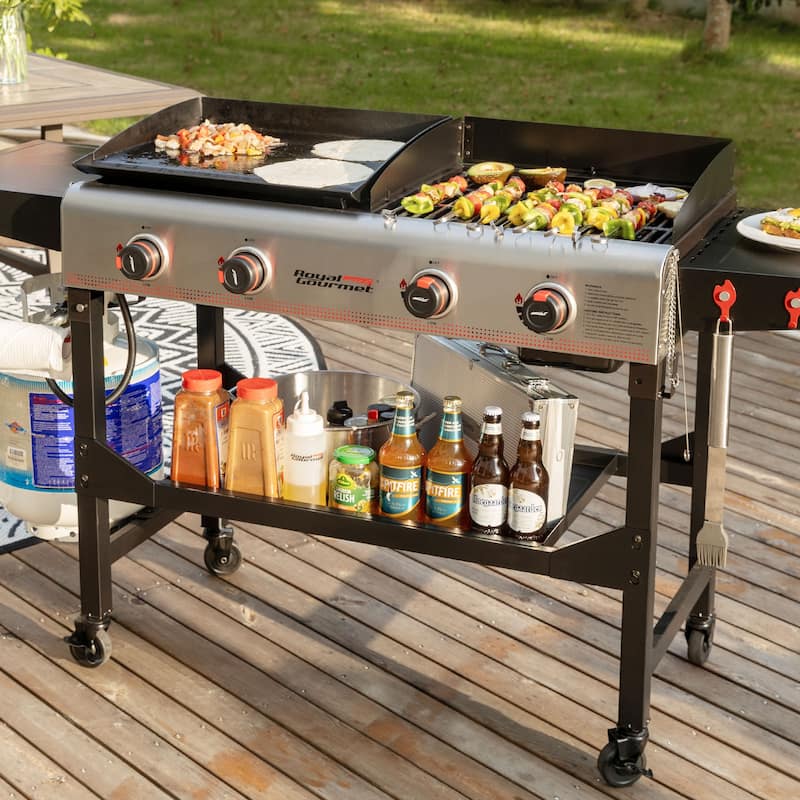 Royal Gourmet 4-Burner Portable Flat Top Gas Grill and Griddle Combo Grill with Folding Legs, Black & Silver