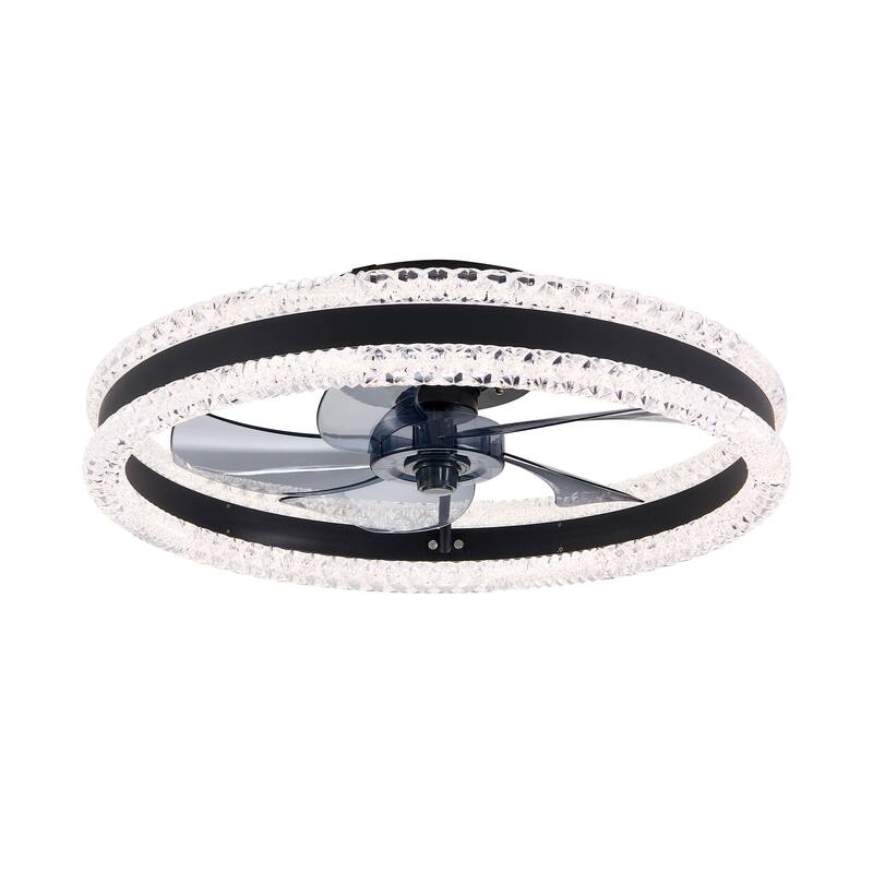 Double Crystal Ring Design LED Ceiling Fan with Light, Modern Flush Mount Ceiling Fan Chandelier, Retractable ABS Fan Blades