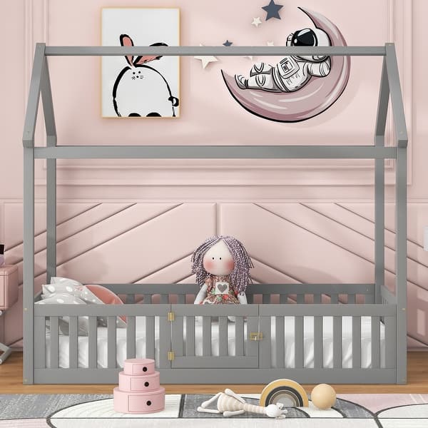 slide 2 of 14, Twin Size House-shaped Bed with Fence and Door, Wooden Bed Frame with Shelf, Platform Bed with Full-length Guardrails, Grey Grey