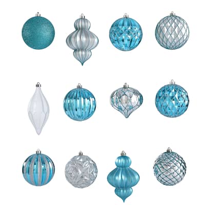 12ct Blue & Silver Shatterproof 3-Finish Christmas Tree Ornament 4"