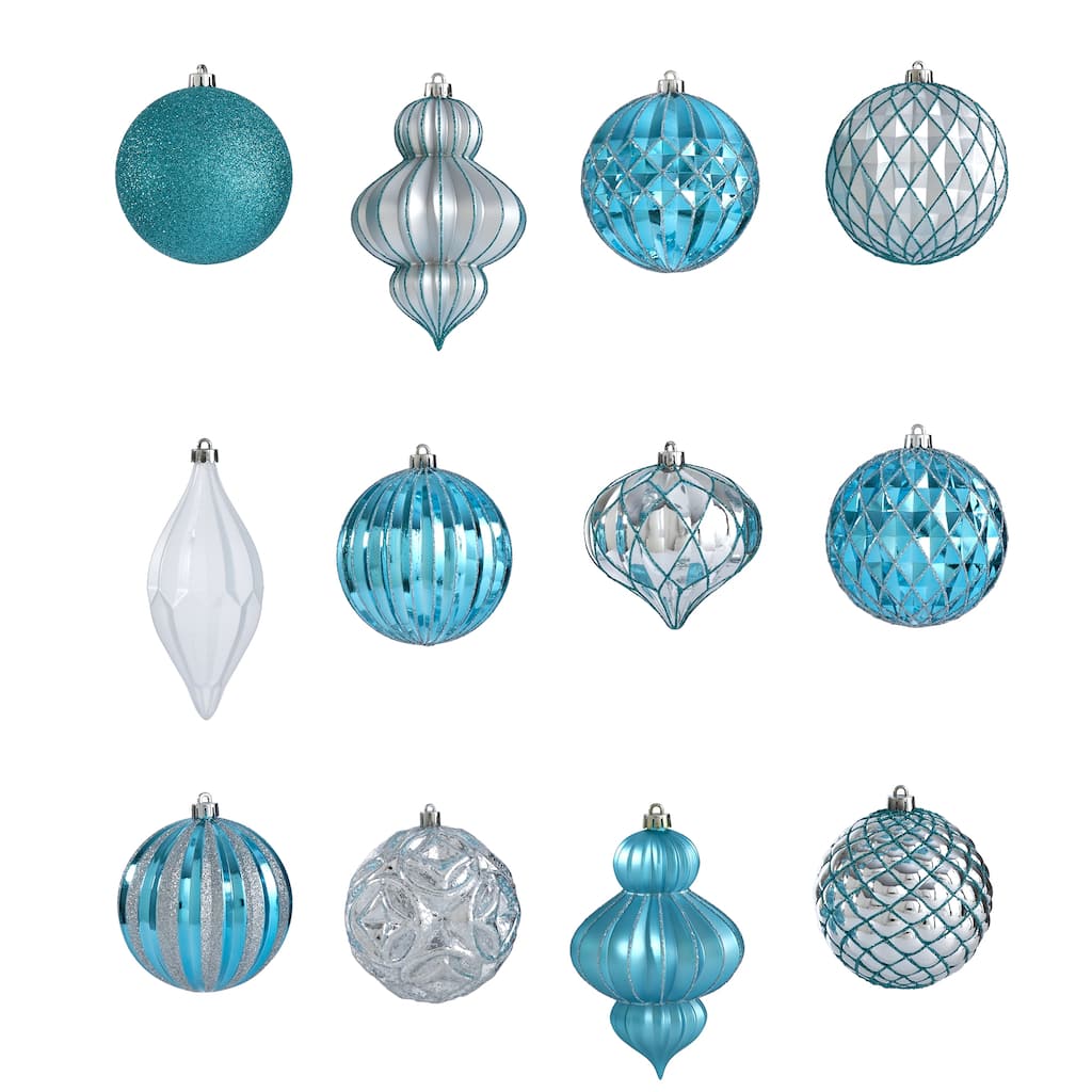 12ct Blue & Silver Shatterproof 3-Finish Christmas Tree Ornament 4"