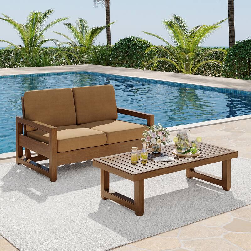 Teak Loveseat Patio Set with Cushions and Table (2-Piece) - Light Brown/Brown wood - Coffee table