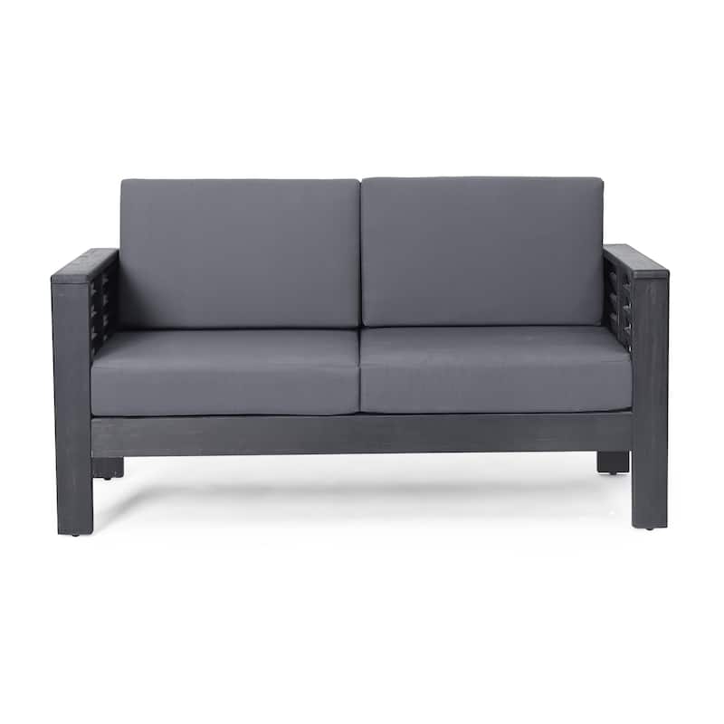 Louver Acacia Wood Outdoor Loveseat and Coffee Table Set with Cushions by Christopher Knight Home