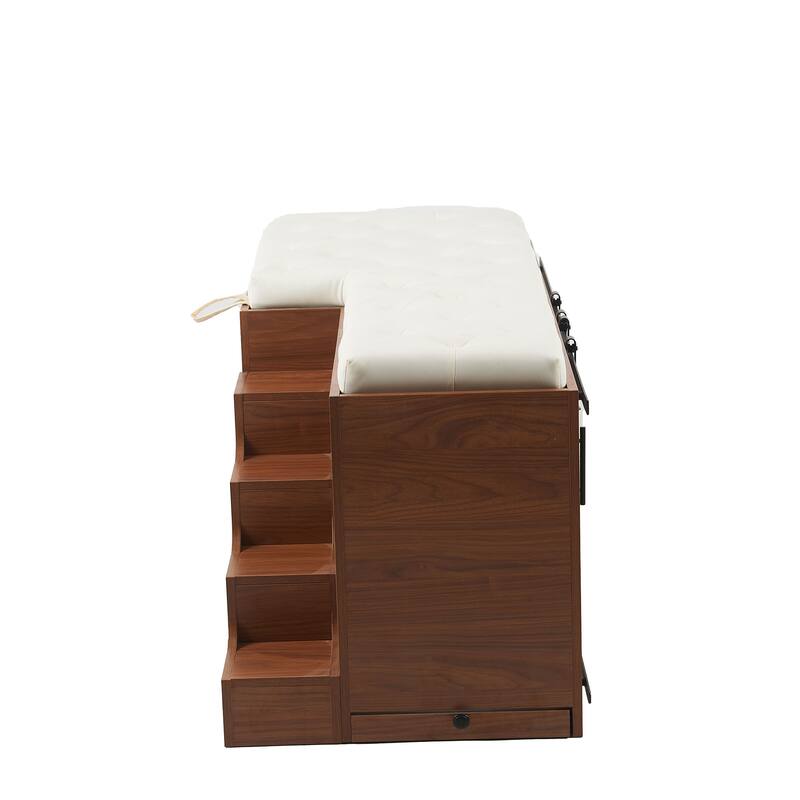 56" Wooden Dog Kennel with Designed Pet Stairs, Sliding Barn Door, Removable Cushion