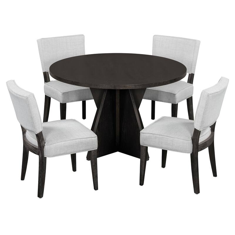 5 Piece Wood Round Dining Table Set with 4 Upholstered Chairs