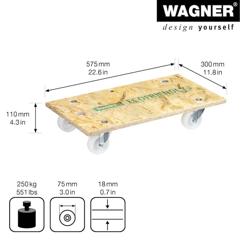 Wagner Eco-Friendly Moving Dolly with Solid Rubber Wheels, 23" x 12", Supports up to 550 lbs - 22.6x11.8x4.3