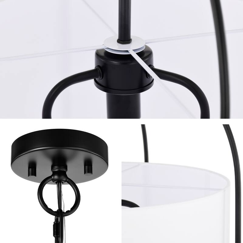 Matte Black Finish 3-Light 18 in. Cage Chandelier with White Fabric Shade