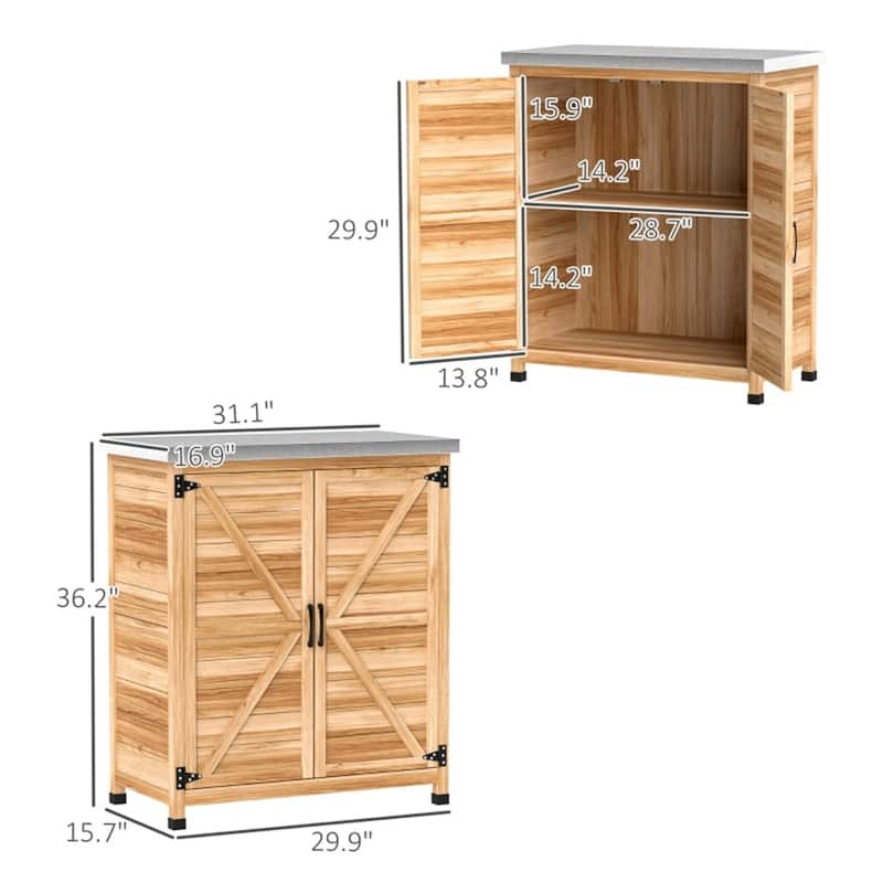 Fir Wood Garden Storage Bench with Galvanized Worktable - 31.1" W x 16.9" D x 36.2" H