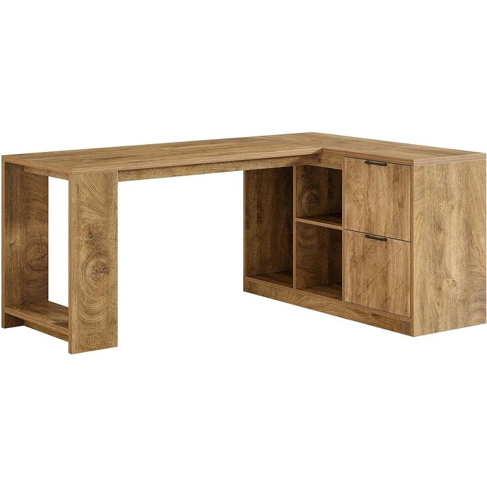 63" L-Shaped Executive Desk, Large Office Desk with File Cabinets and Shelves, Farmhouse Wooden Business Furniture