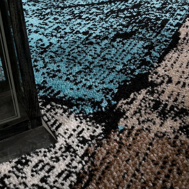 Modern Area Rug For Living Room In Brown Cream Blue Checked