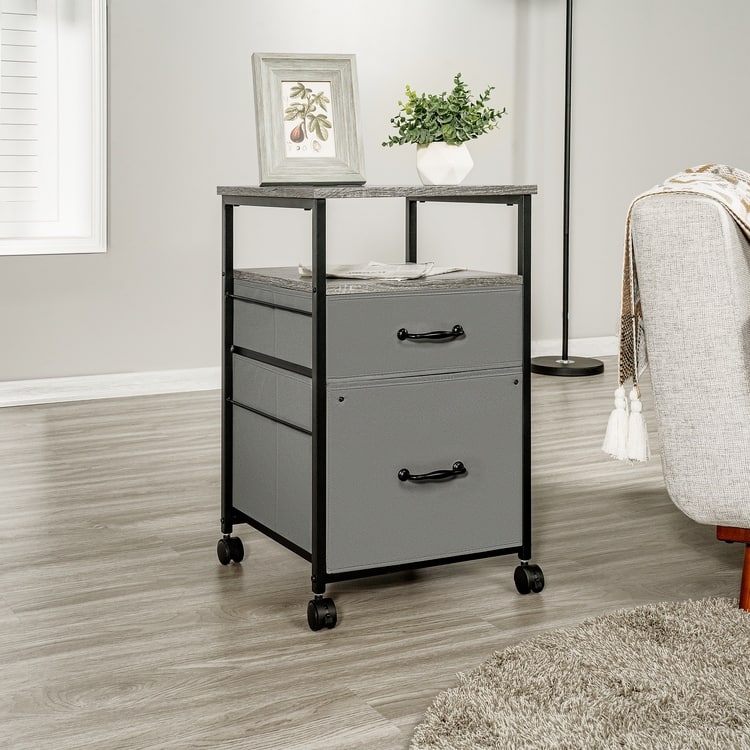 2 Drawer Mobile File Cabinet Rolling Printer Stand with Open Storage Shelf Fabric Vertical Filing Cabinet - Grey