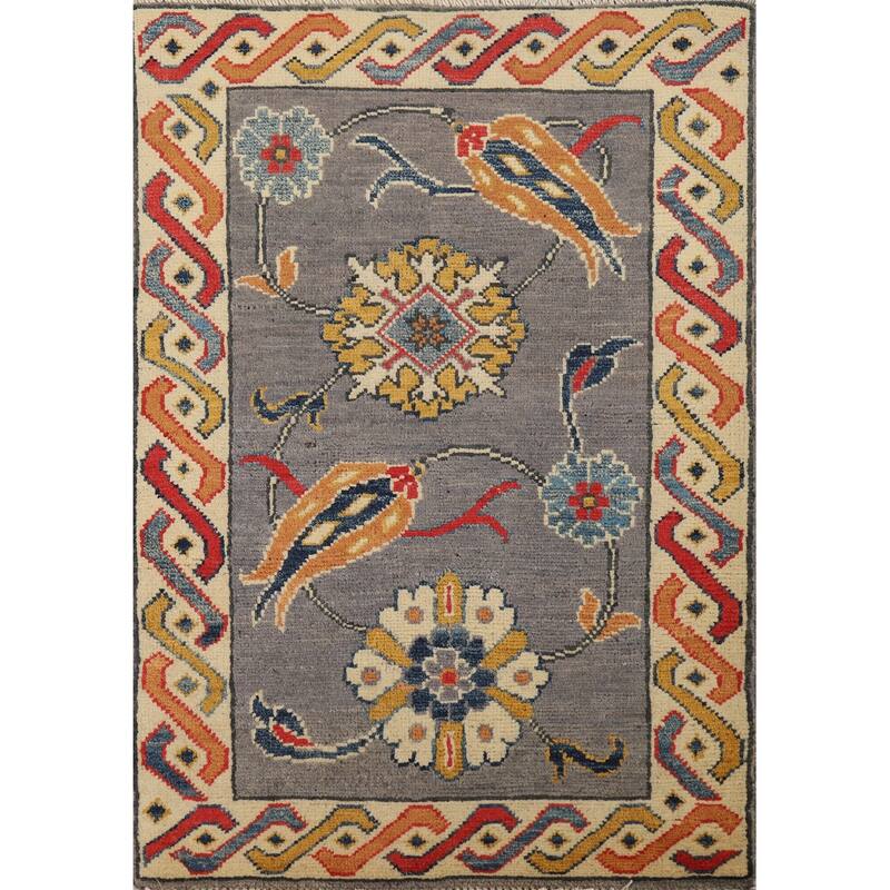 Gray Floral Kazak Oriental Foyer Rug Hand-Knotted Wool Carpet - 2'0"x 3'0"