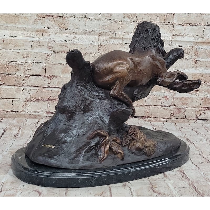 Lion Resting On A Branch - Bronze Sculpture Statue Wildlife Decor By J. Moigniez