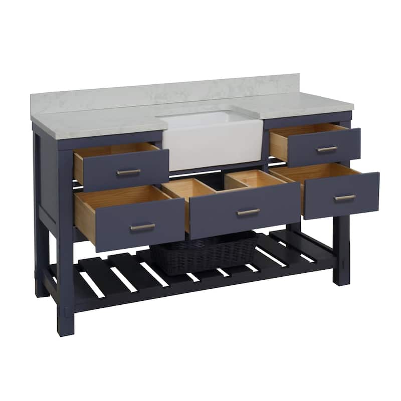 KitchenBathCollection Charlotte 60" Single Farmhouse Bathroom Vanity with Engineered Carrara Top