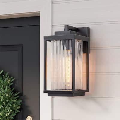 Matte Black 1-Light Fluted Glass Waterproof Outdoor Wall Light