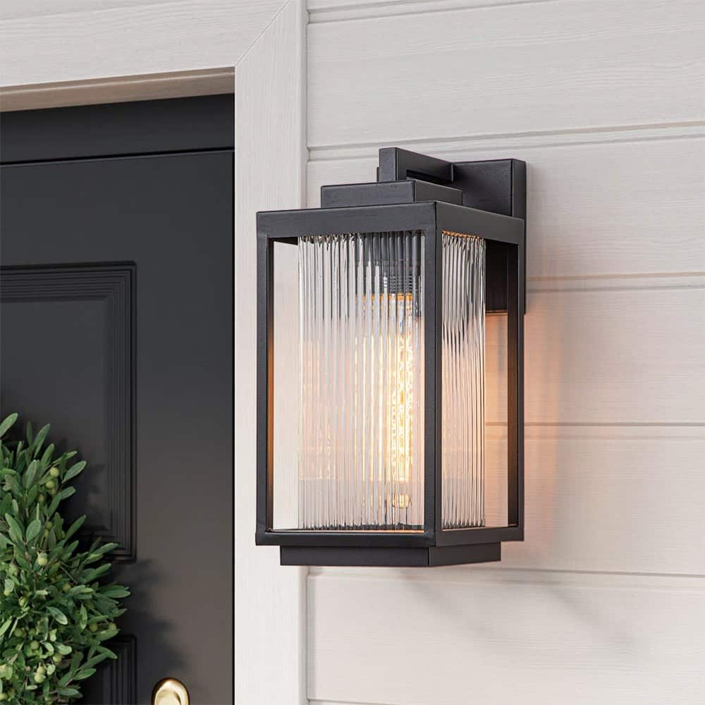 Matte Black 1-Light Fluted Glass Waterproof Outdoor Wall Light