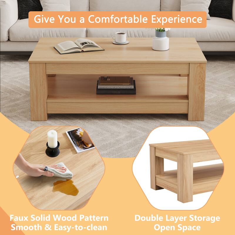 A modern and practical coffee table. The double layered coffee table is made of MDF material