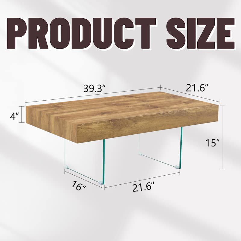 Living Room Dining Table Accent Table with Wood Grain Top, Square Coffee Table with Tempered Glass Legs