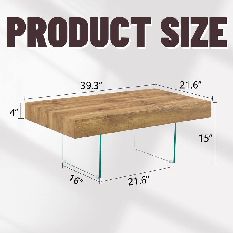 Natural Style MDF Coffee Table - 39.3"x21.6" with Tempered Glass Legs.Density Board Sticker,Reinforced Glass.