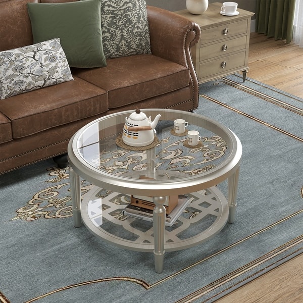 COSIEST Champagne Round Solid Wood Tempered Glass Coffee Table Bed