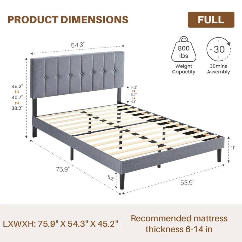 Twin Size Upholstered Platform Bed Frame with Adjustable Headboard, No Box Spring Needed with Sturdy Wooden Slats Support