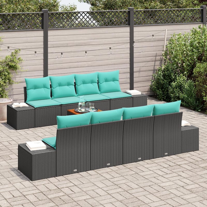 vidaXL 9 Piece Garden Sofa Set with Cushions Black Poly Rattan Acacia - 115.7×24.4×27.2