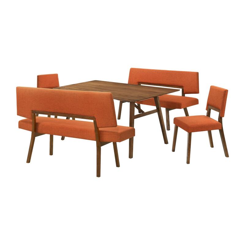 Yumi 5 Piece Dining Table Set, Chairs, Benches, Orange Fabric, Wood Brown - Orange, Brown