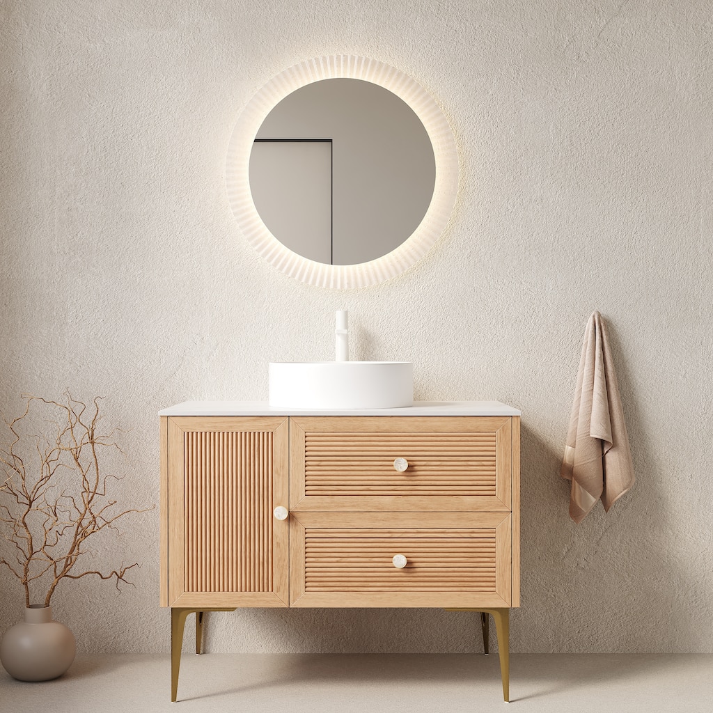 GDFStudio - Munin Freestanding Bathroom Vanity with Ceramic Sink, 4 Metal Legs, Oak Woodgrain Color, WITHOUT Faucet